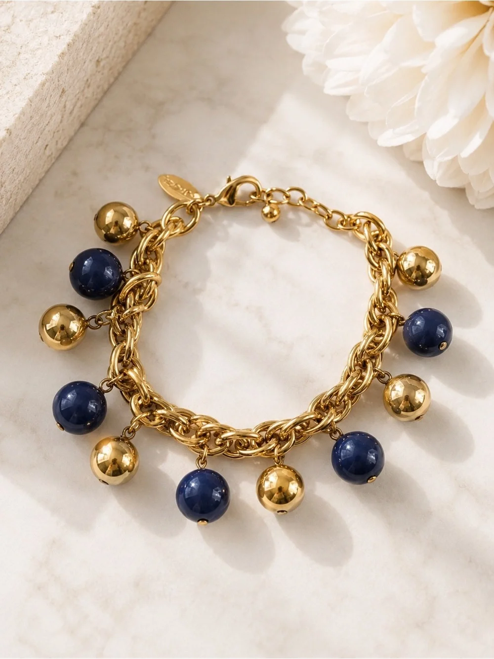 Talbots Gold Tone & Navy Charm Bracelet Statement Chain Coastal Chic NWT